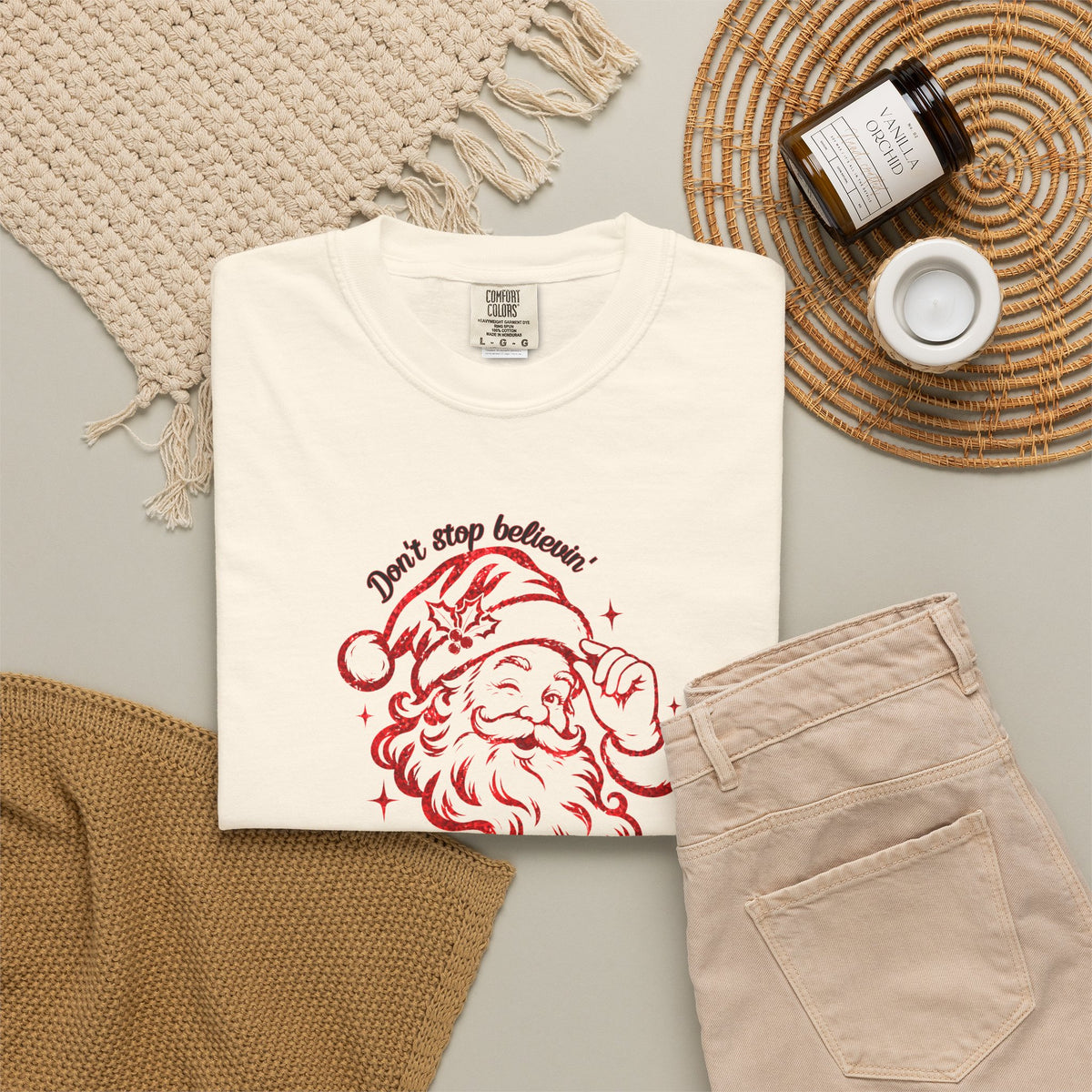 "Don't Stop Believing" Santa Retro Sketch T-Shirt —  Holiday Tee