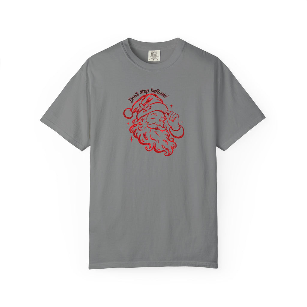 "Don't Stop Believing" Santa Retro Sketch T-Shirt —  Holiday Tee
