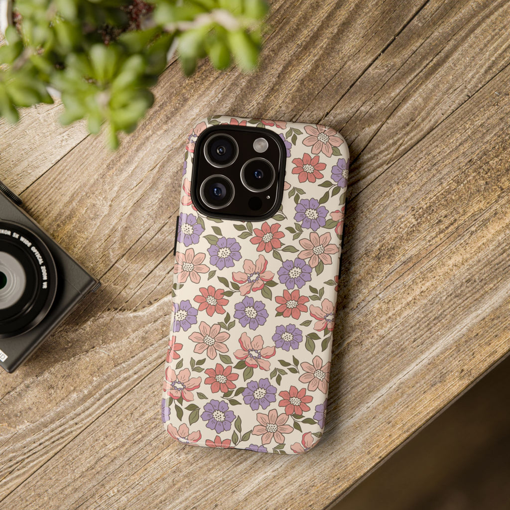 Floral Vintage Tough Phone Case — Pastel Pink & Lavender Flower Pattern
