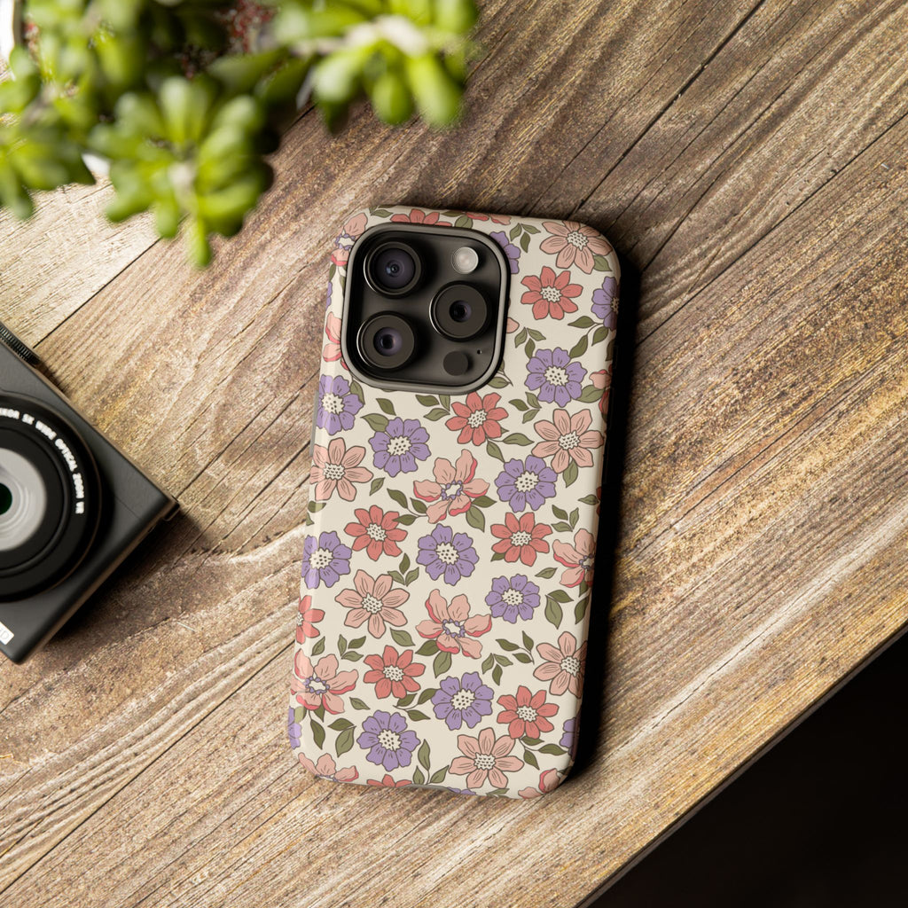 Floral Vintage Tough Phone Case — Pastel Pink & Lavender Flower Pattern