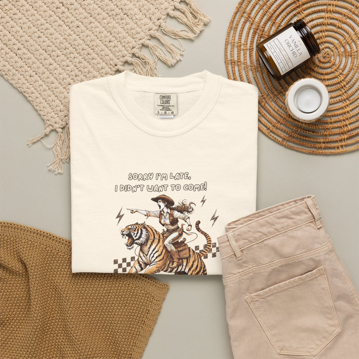 “I'm sorry I'm late, I didn't want to come" Cowgirl and tiger Graphic Tee — Vintage Style T-Shirt