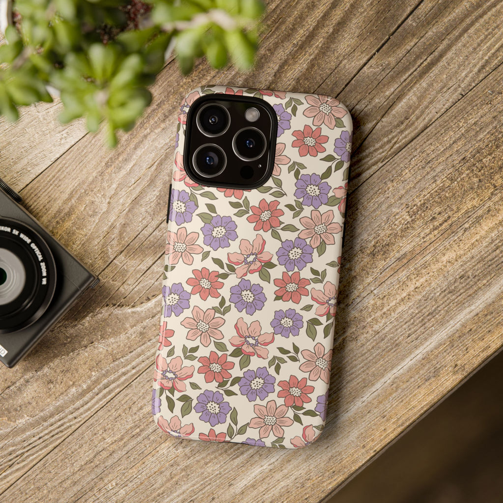 Floral Vintage Tough Phone Case — Pastel Pink & Lavender Flower Pattern