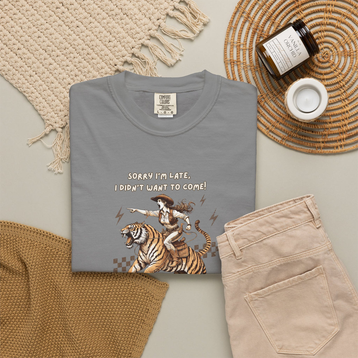 “I'm sorry I'm late, I didn't want to come" Cowgirl and tiger Graphic Tee — Vintage Style T-Shirt
