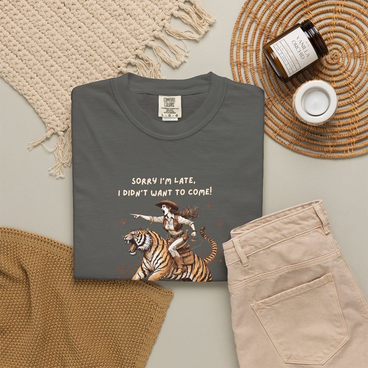 “I'm sorry I'm late, I didn't want to come" Cowgirl and tiger Graphic Tee — Vintage Style T-Shirt