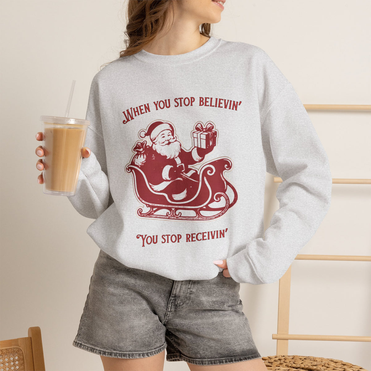When You Stop Believin' You Stop Receivin''Christmas Sweatshirt – Vintage Santa  Crewneck