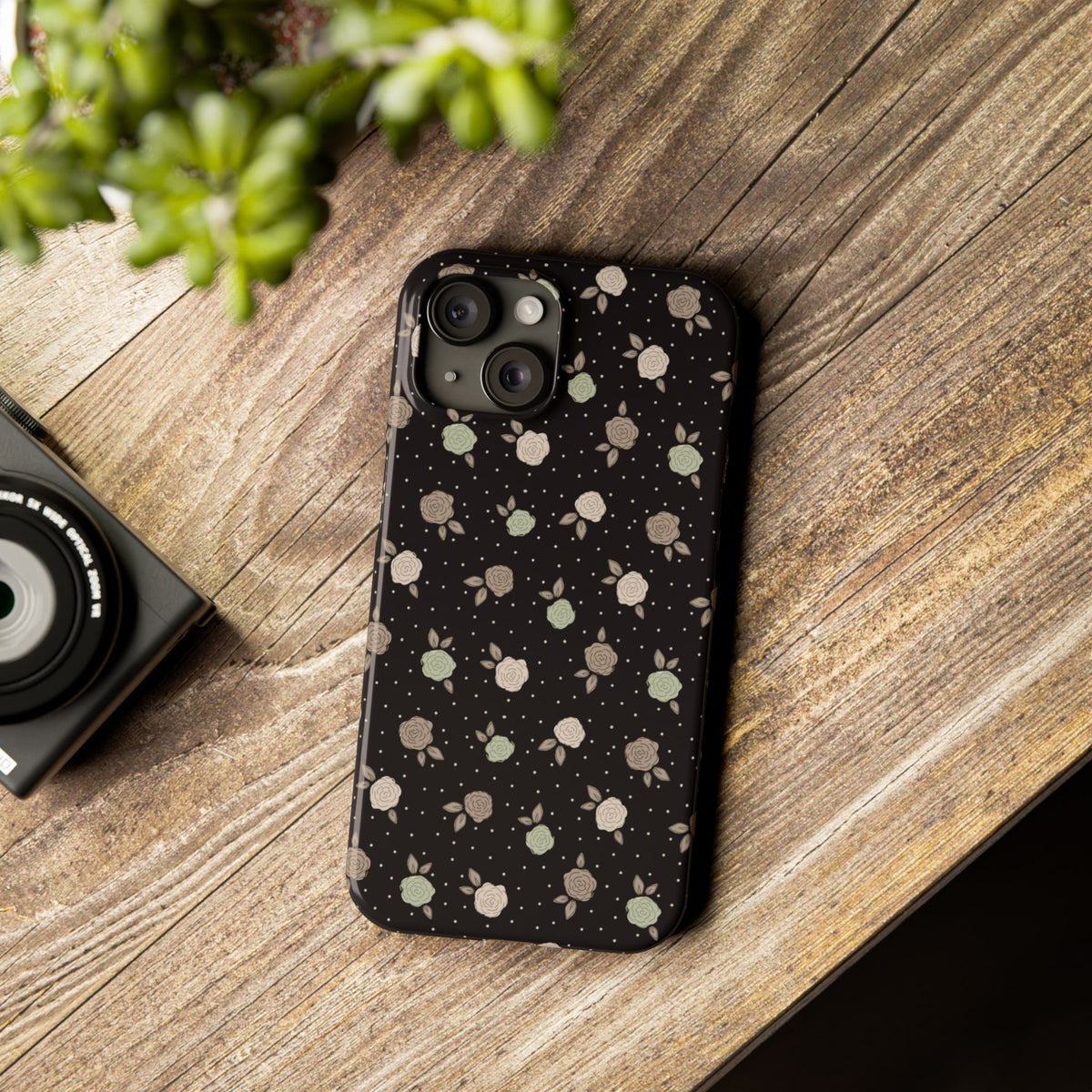 Black and brown floral with polka dots - Slim Phone Cases