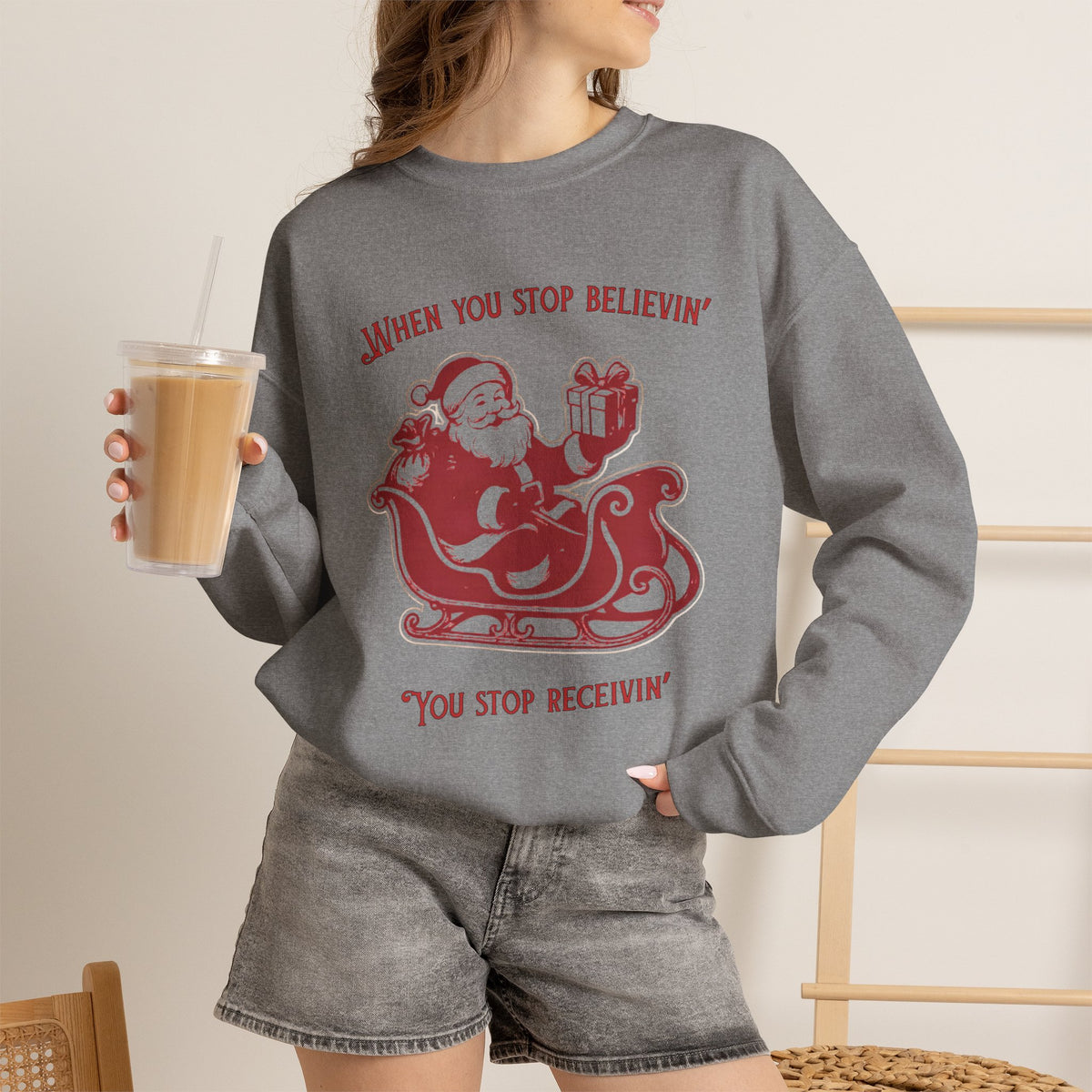 When You Stop Believin' You Stop Receivin''Christmas Sweatshirt – Vintage Santa  Crewneck