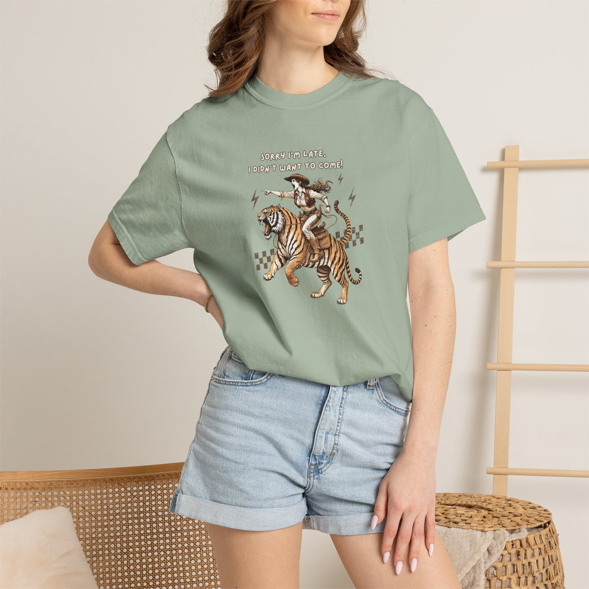“I'm sorry I'm late, I didn't want to come" Cowgirl and tiger Graphic Tee — Vintage Style T-Shirt