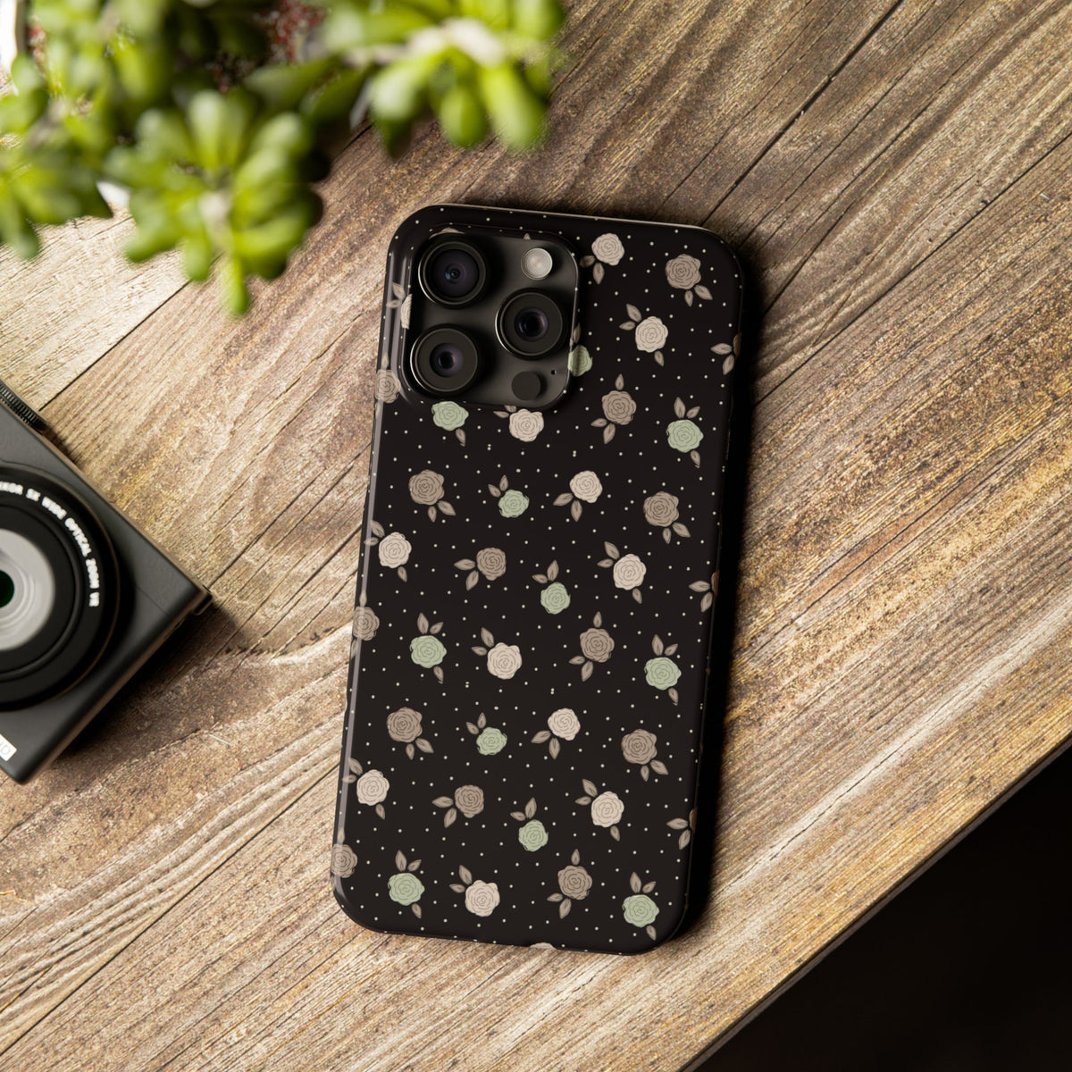 Black and brown floral with polka dots - Slim Phone Cases