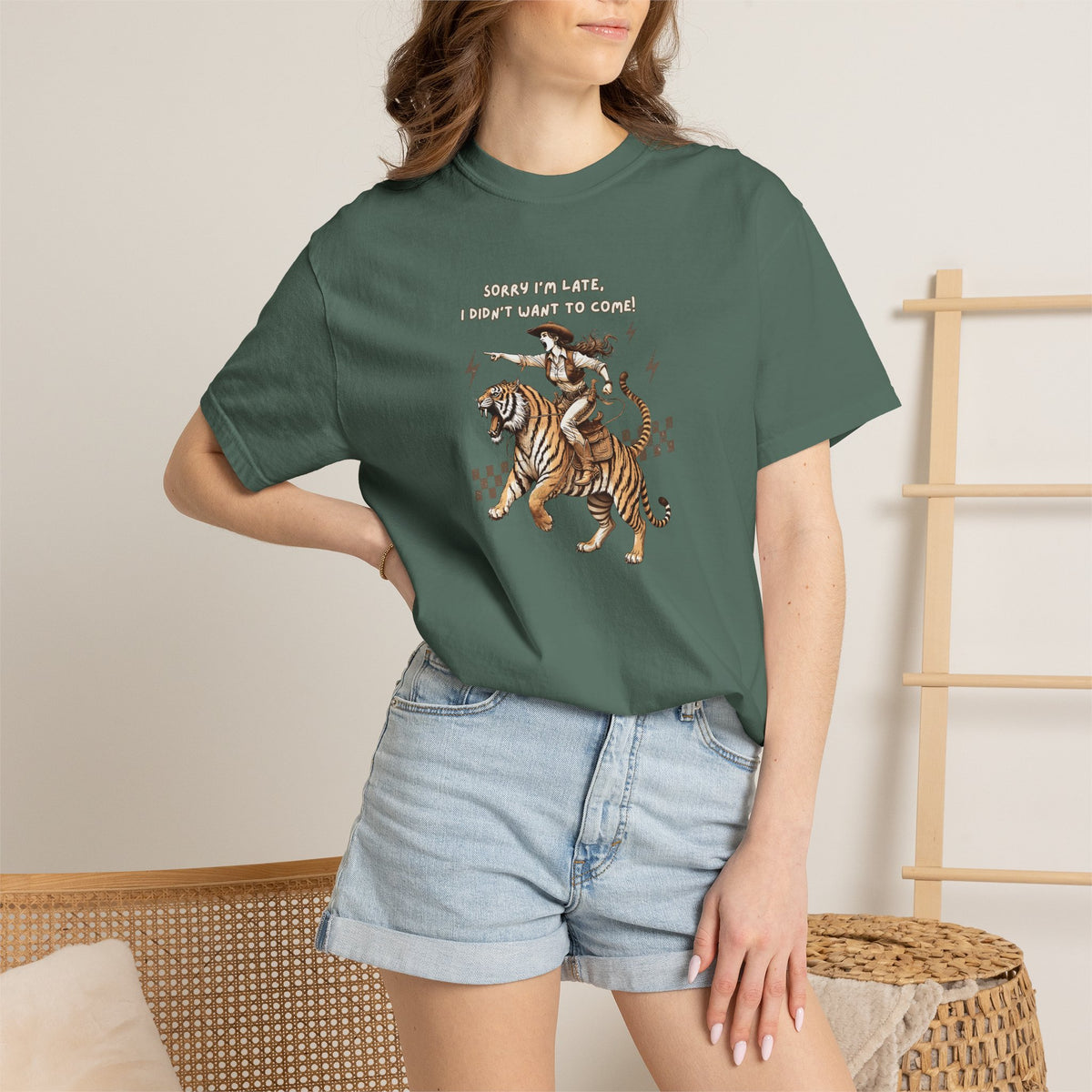 “I'm sorry I'm late, I didn't want to come" Cowgirl and tiger Graphic Tee — Vintage Style T-Shirt