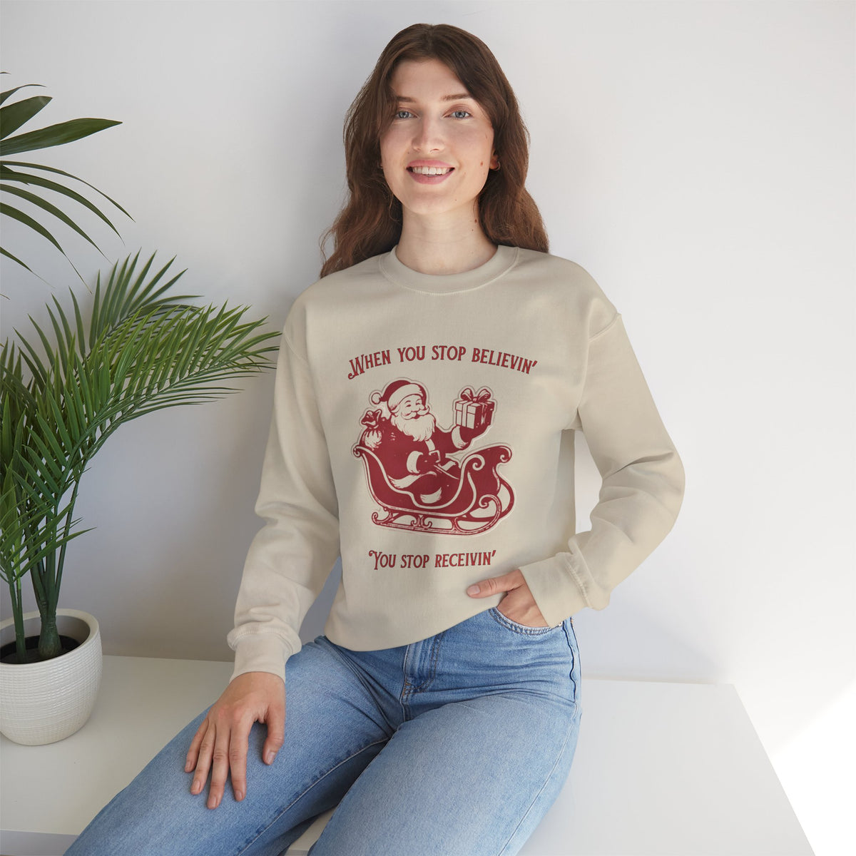 When You Stop Believin' You Stop Receivin''Christmas Sweatshirt – Vintage Santa  Crewneck