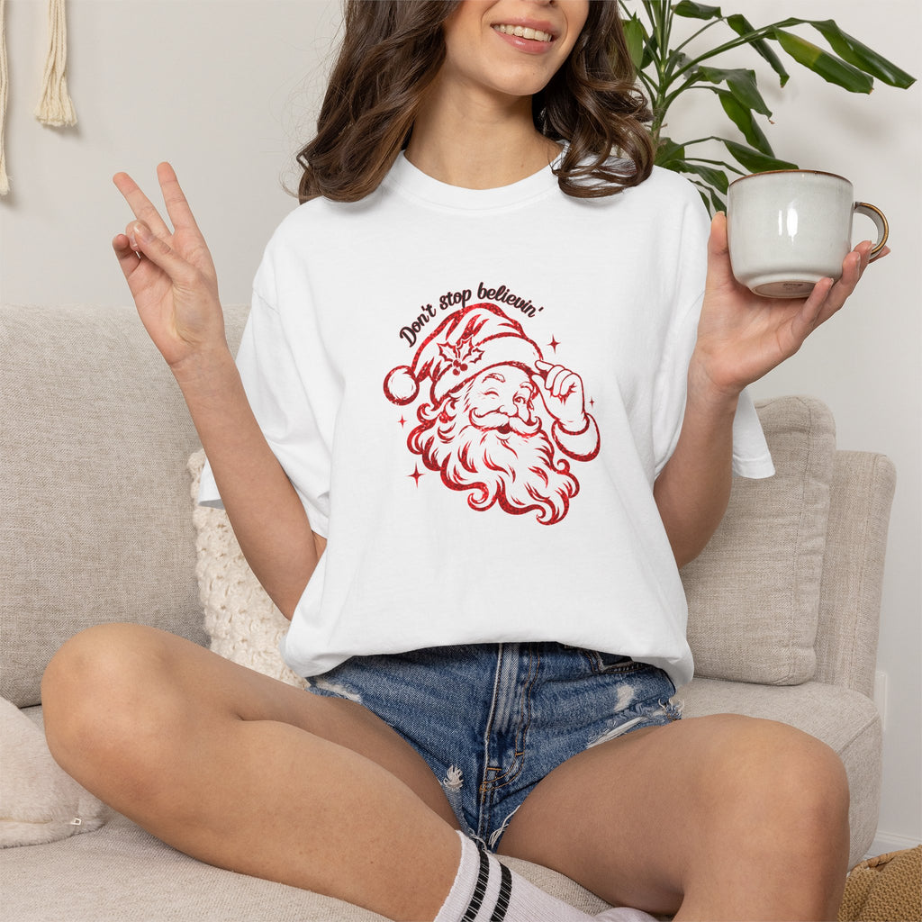 "Don't Stop Believing" Santa Retro Sketch T-Shirt —  Holiday Tee