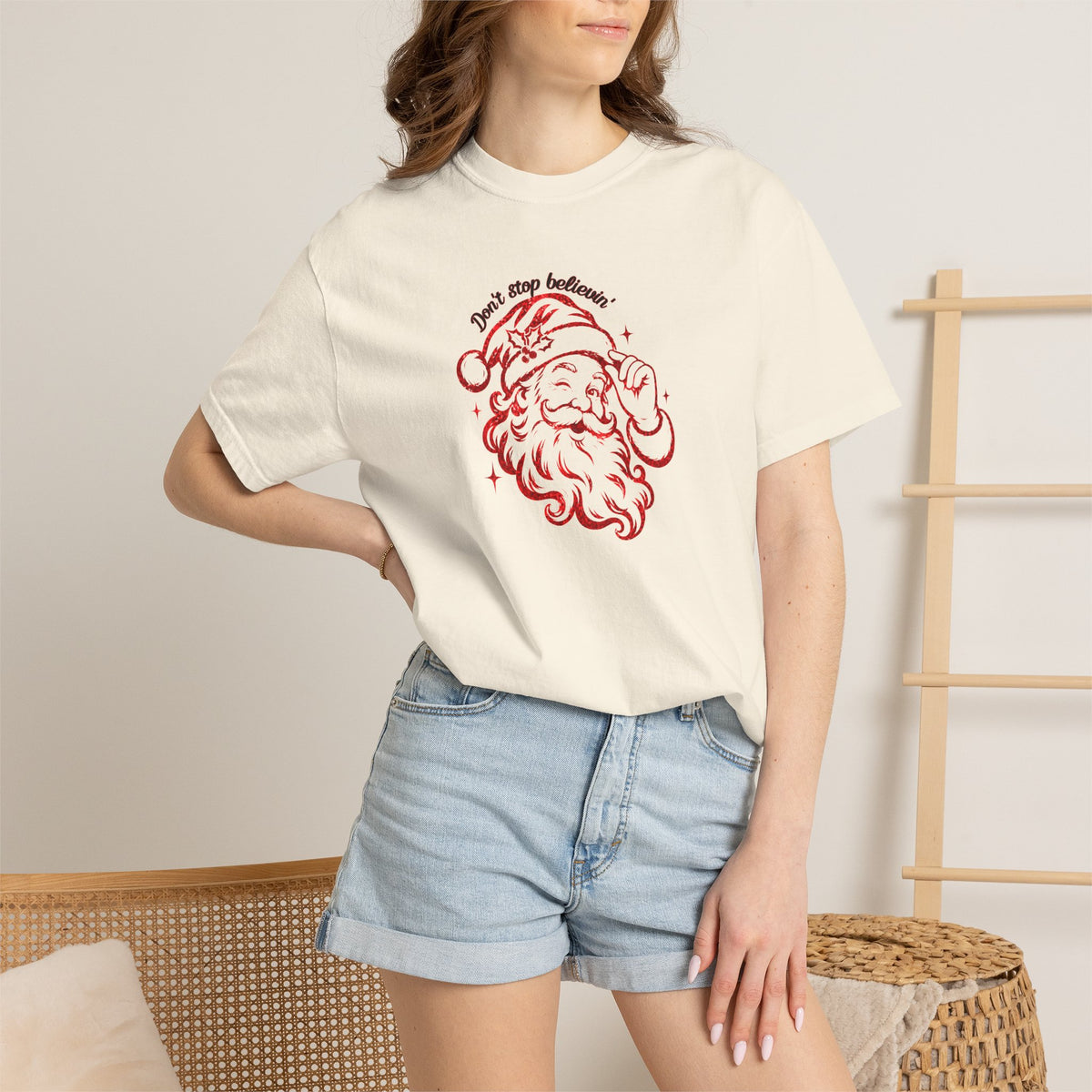 "Don't Stop Believing" Santa Retro Sketch T-Shirt —  Holiday Tee