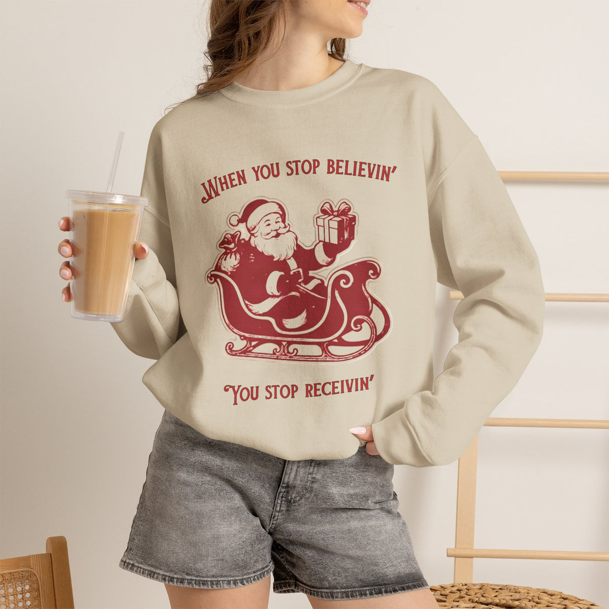 When You Stop Believin' You Stop Receivin''Christmas Sweatshirt – Vintage Santa  Crewneck