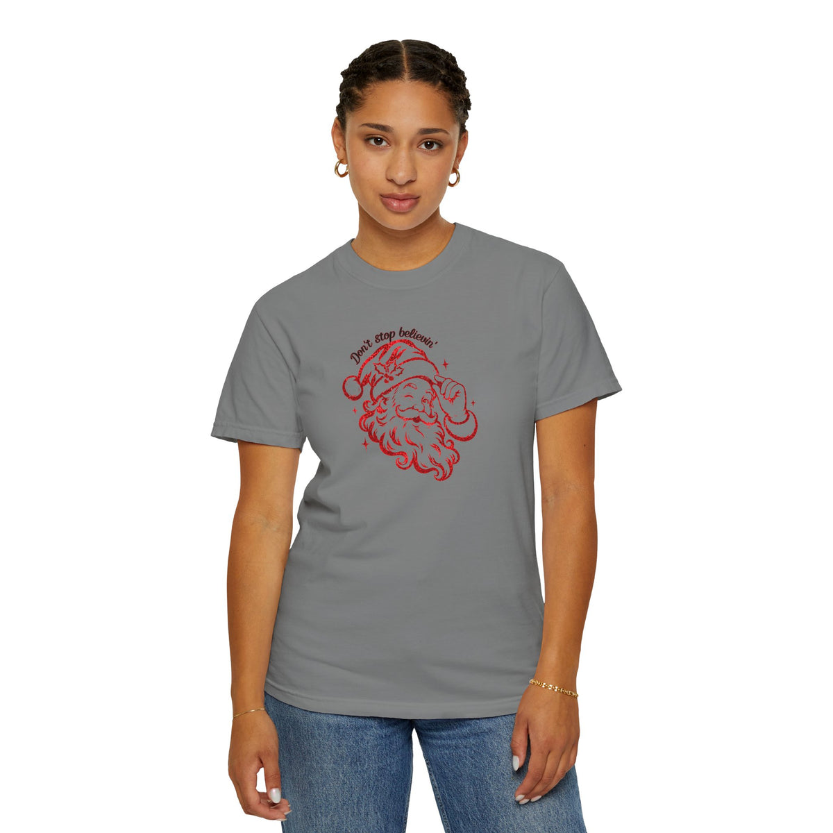 "Don't Stop Believing" Santa Retro Sketch T-Shirt —  Holiday Tee