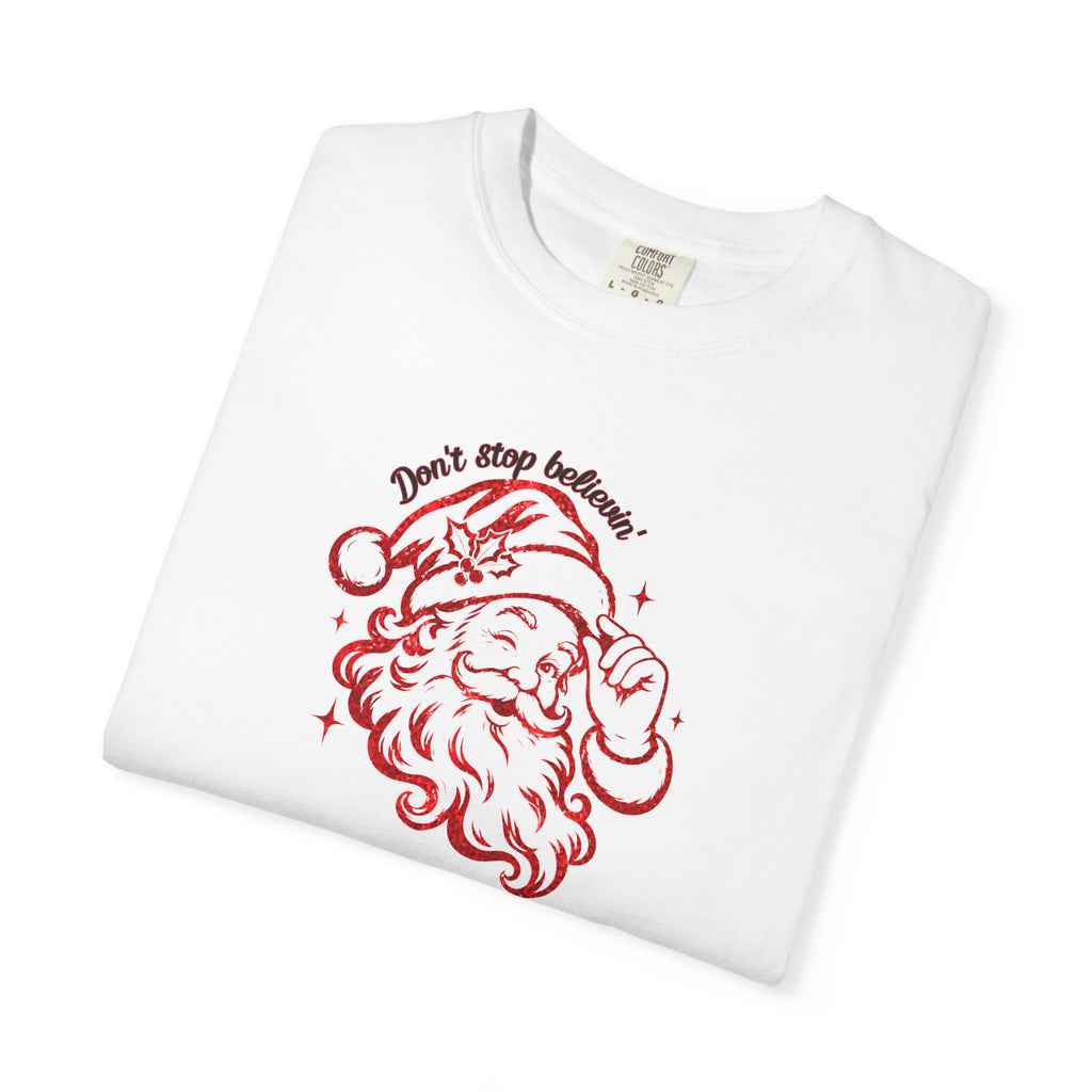 "Don't Stop Believing" Santa Retro Sketch T-Shirt —  Holiday Tee
