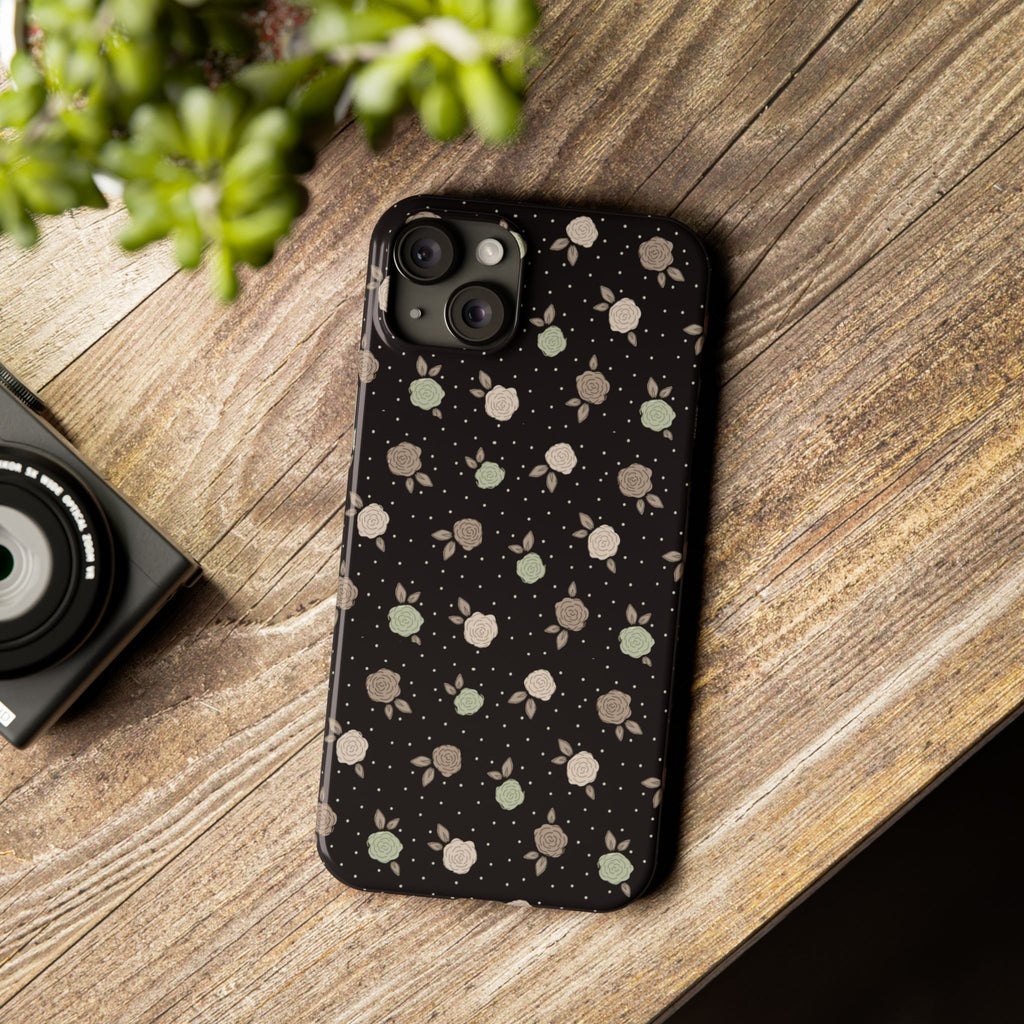 Black and brown floral with polka dots - Slim Phone Cases