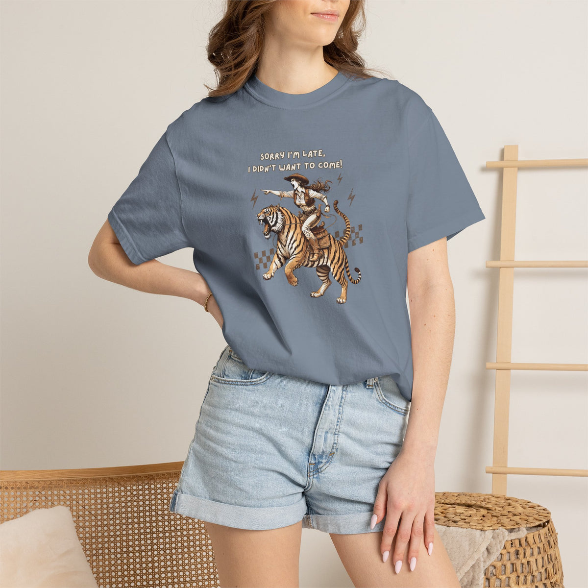 “I'm sorry I'm late, I didn't want to come" Cowgirl and tiger Graphic Tee — Vintage Style T-Shirt