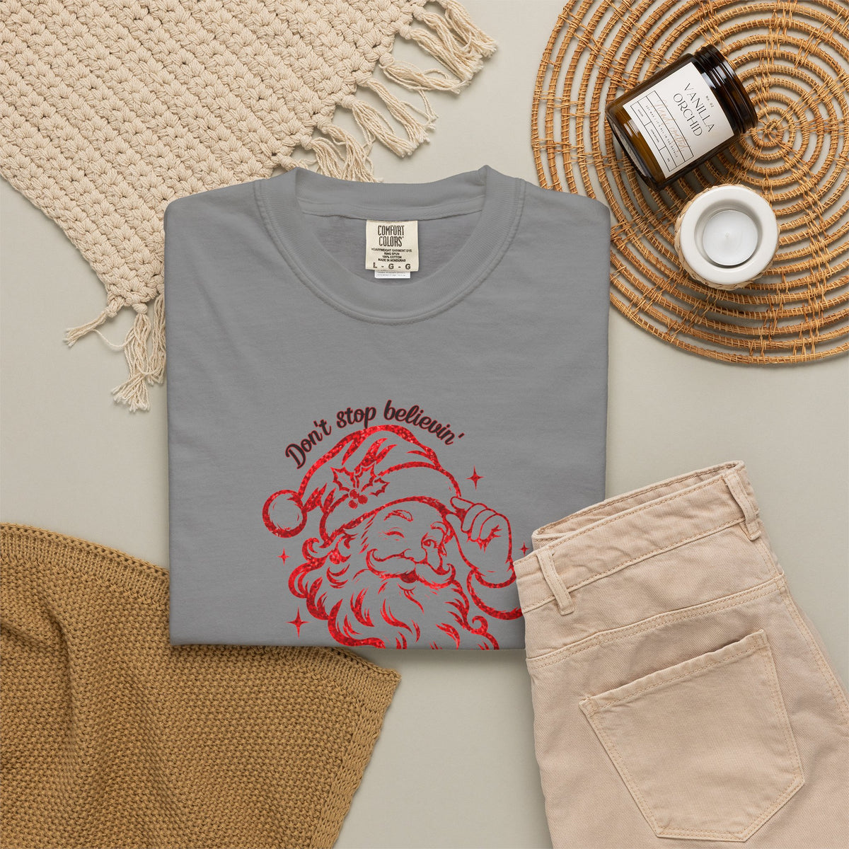 "Don't Stop Believing" Santa Retro Sketch T-Shirt —  Holiday Tee