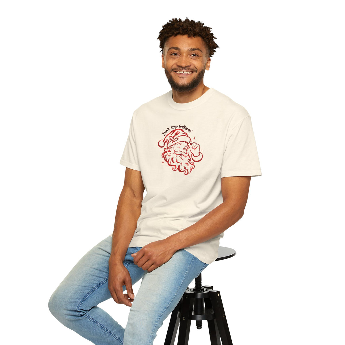 "Don't Stop Believing" Santa Retro Sketch T-Shirt —  Holiday Tee