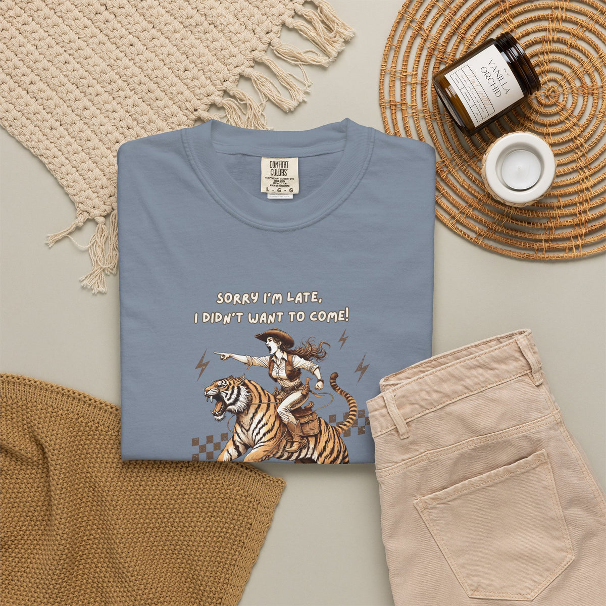 “I'm sorry I'm late, I didn't want to come" Cowgirl and tiger Graphic Tee — Vintage Style T-Shirt