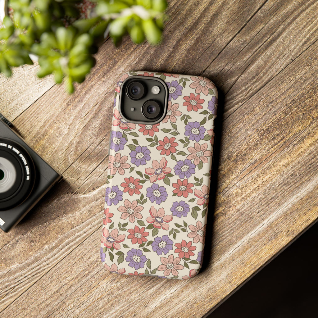 Floral Vintage Tough Phone Case — Pastel Pink & Lavender Flower Pattern