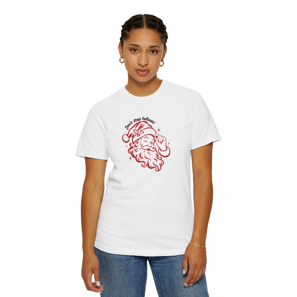 "Don't Stop Believing" Santa Retro Sketch T-Shirt —  Holiday Tee
