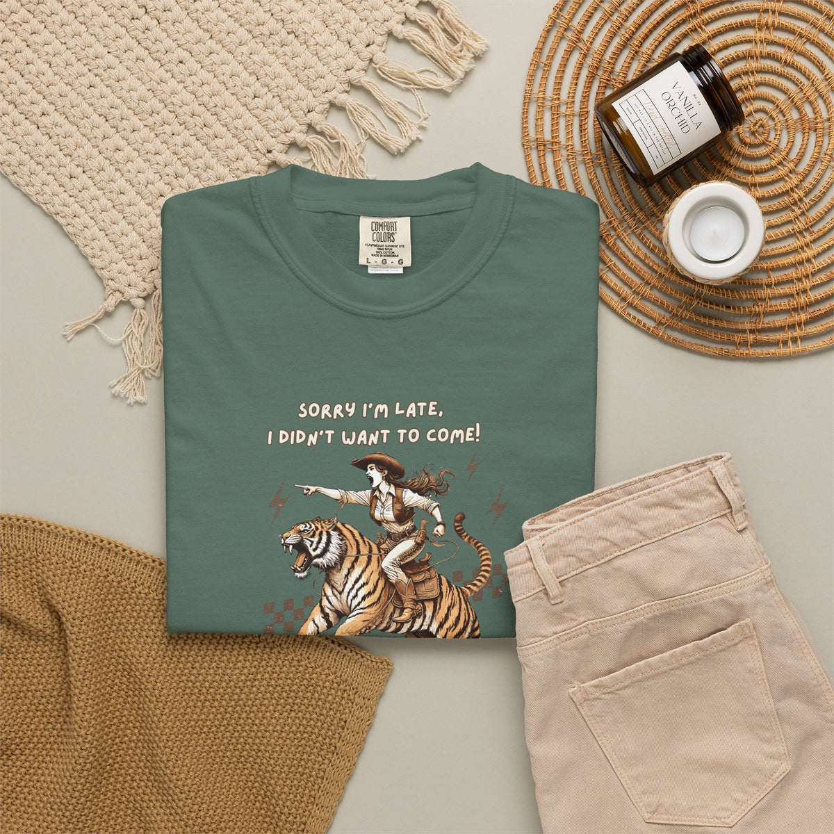 “I'm sorry I'm late, I didn't want to come" Cowgirl and tiger Graphic Tee — Vintage Style T-Shirt