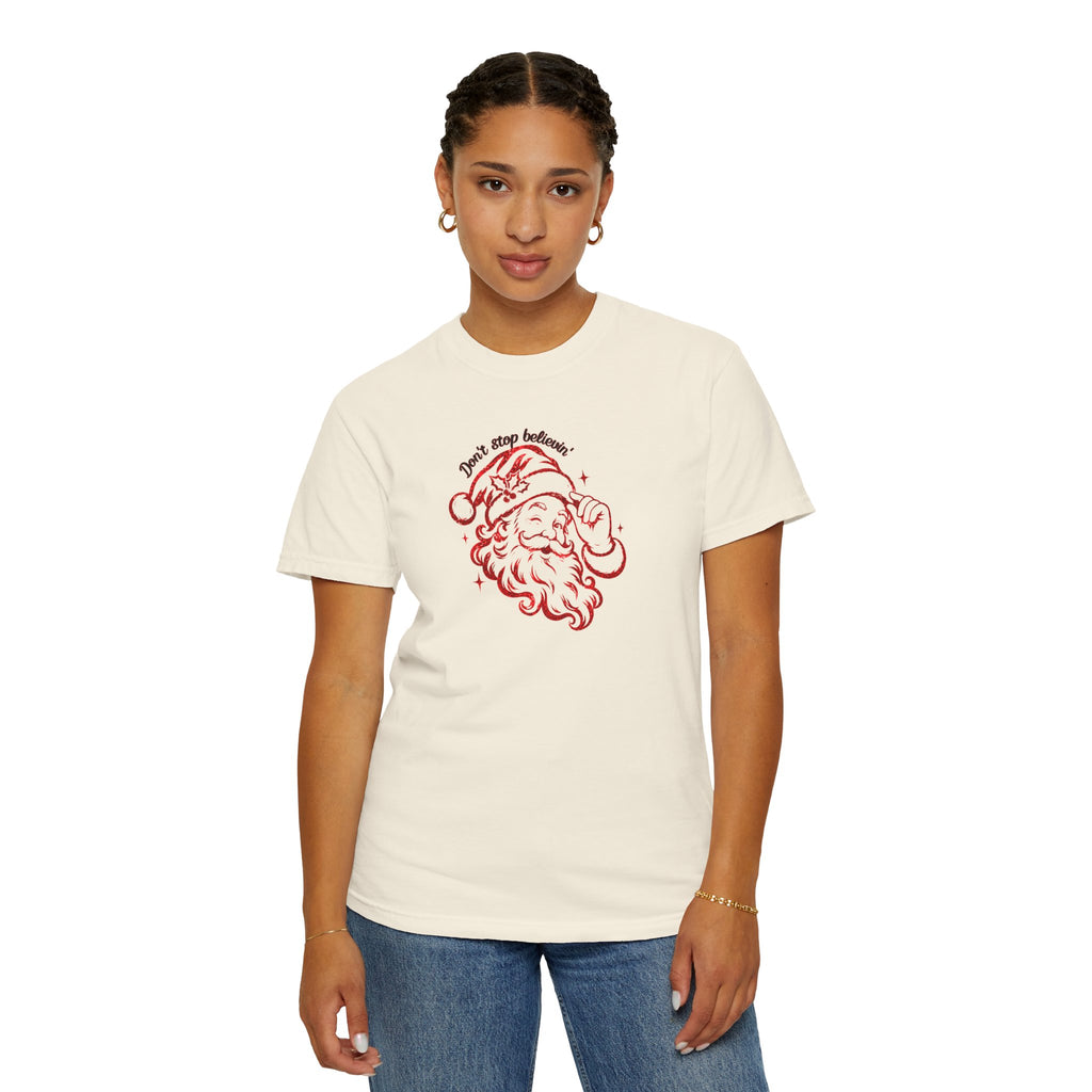 "Don't Stop Believing" Santa Retro Sketch T-Shirt —  Holiday Tee