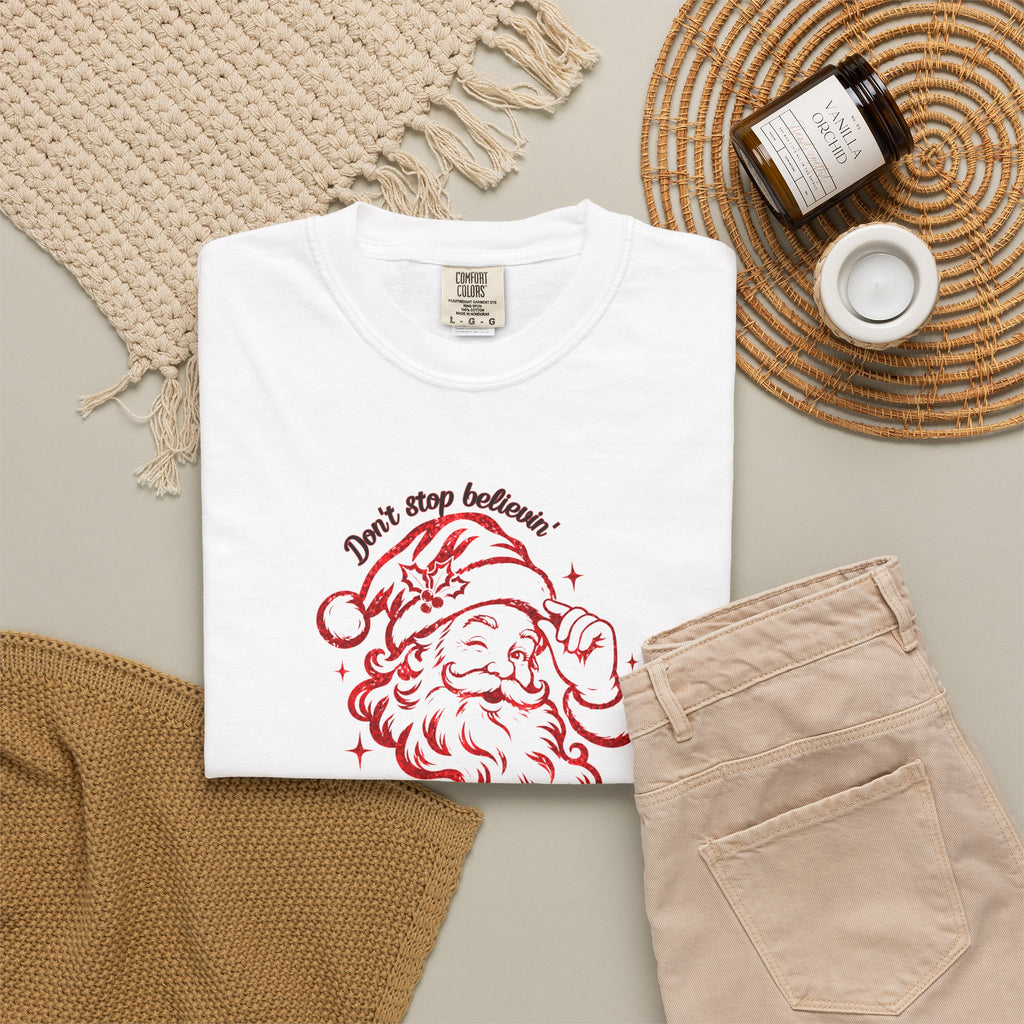 "Don't Stop Believing" Santa Retro Sketch T-Shirt —  Holiday Tee