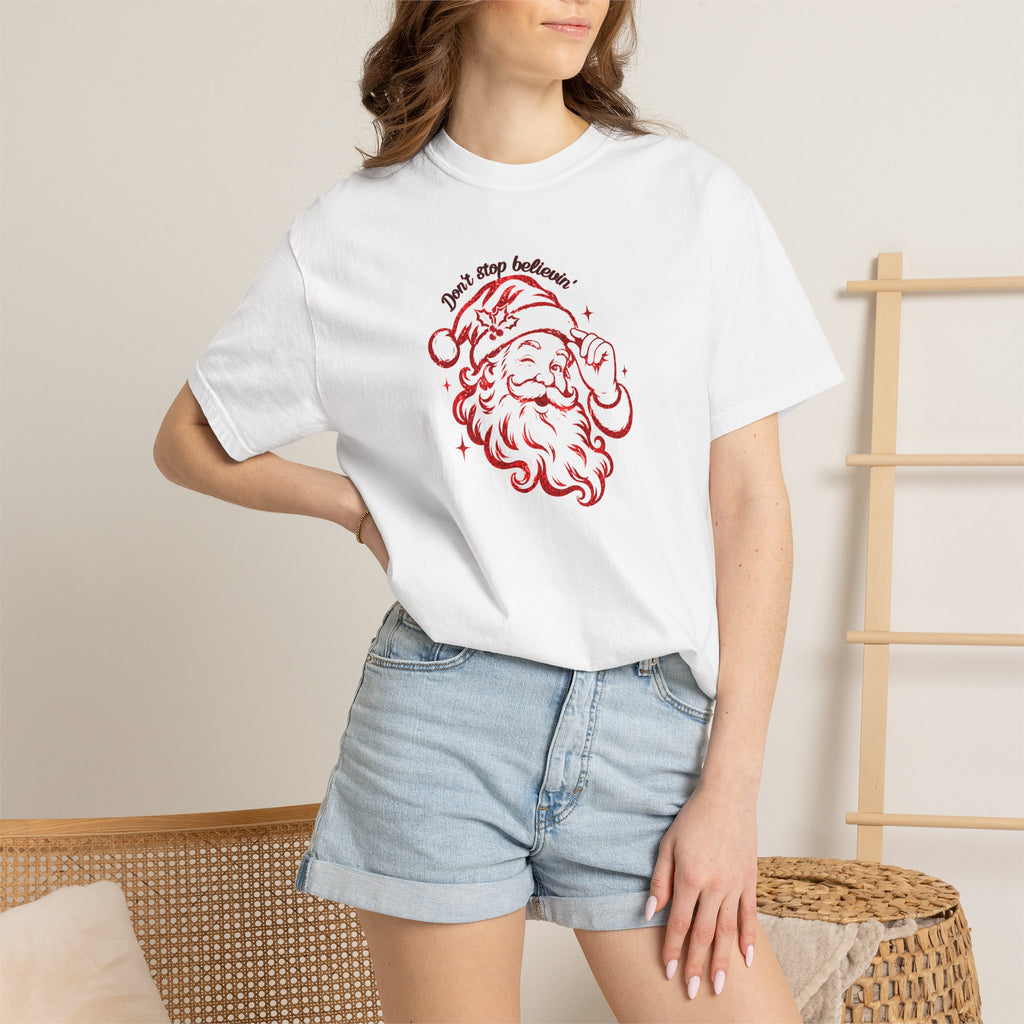 "Don't Stop Believing" Santa Retro Sketch T-Shirt —  Holiday Tee