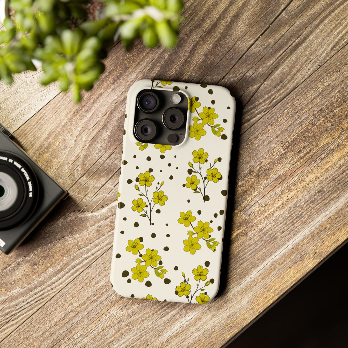 Yellow floral and black dots-Slim Phone Cases