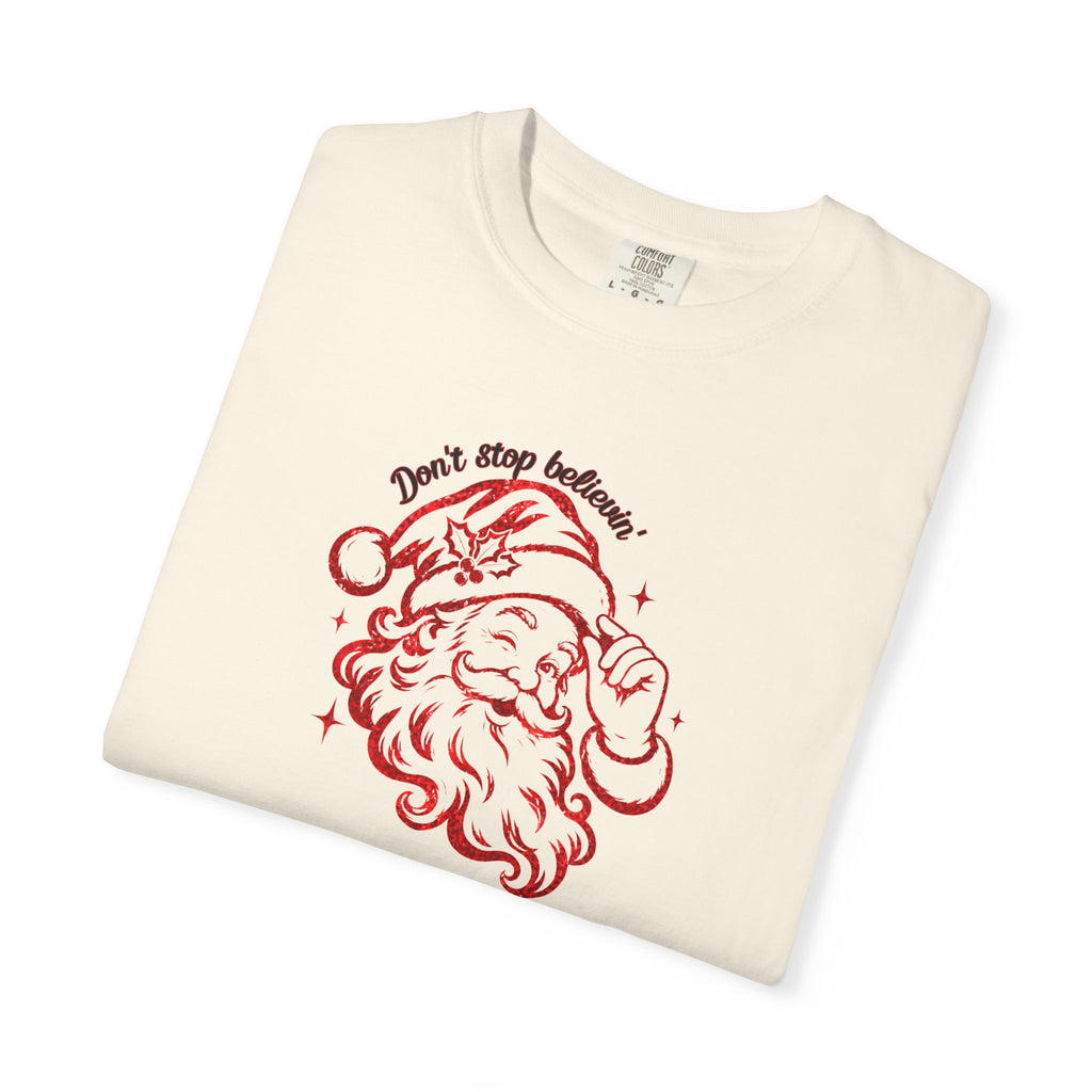 "Don't Stop Believing" Santa Retro Sketch T-Shirt —  Holiday Tee