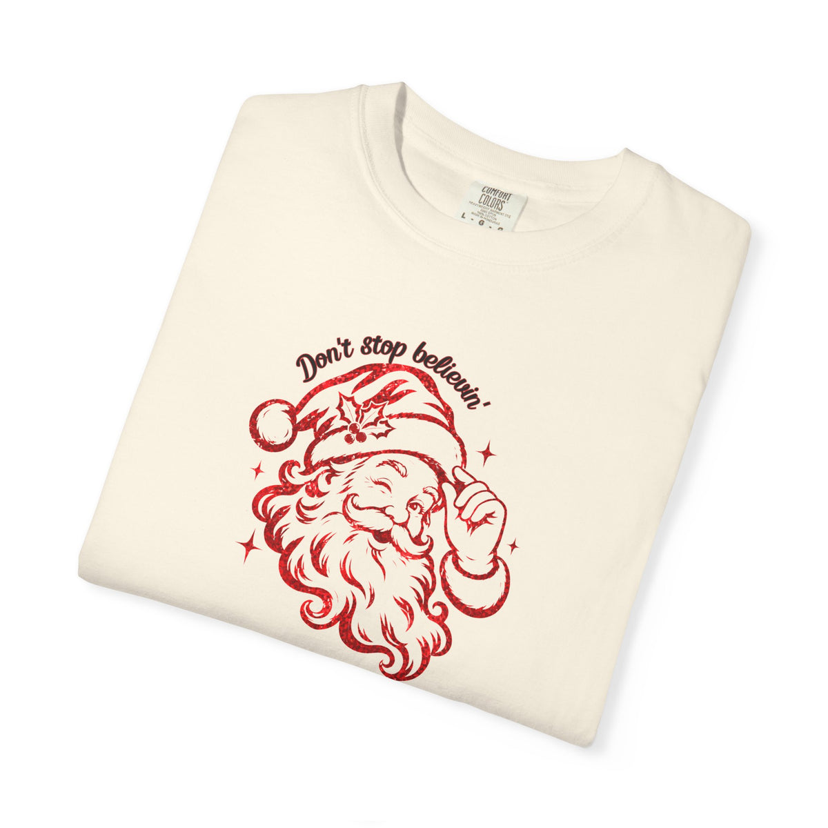 "Don't Stop Believing" Santa Retro Sketch T-Shirt —  Holiday Tee