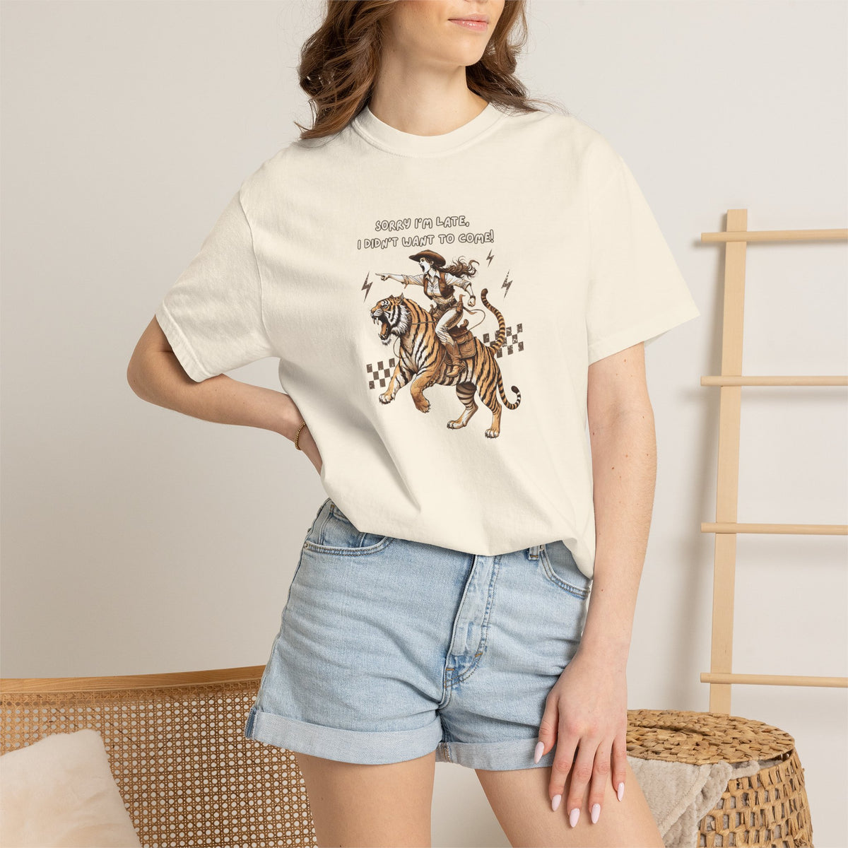 “I'm sorry I'm late, I didn't want to come" Cowgirl and tiger Graphic Tee — Vintage Style T-Shirt