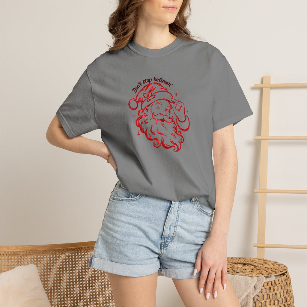"Don't Stop Believing" Santa Retro Sketch T-Shirt —  Holiday Tee
